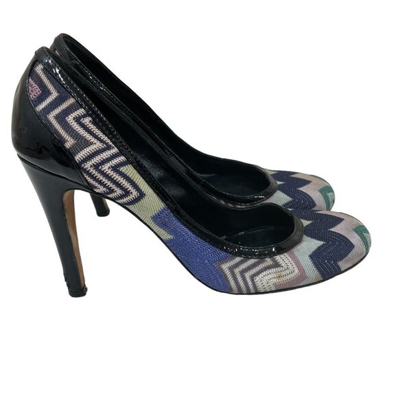 Missoni Designer Pumps Sz 39 Leather Chevron Print Round Toe Heels Multicolor - Picture 11 of 13